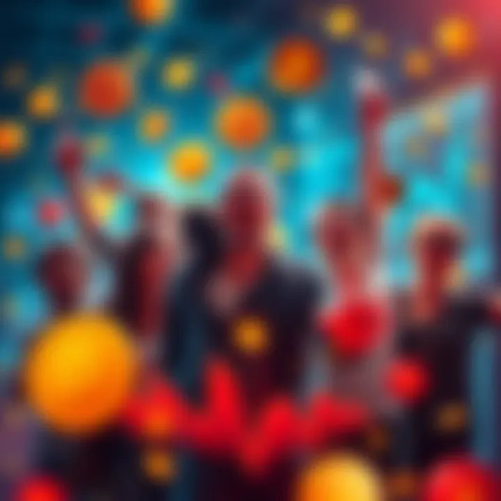 A group of happy investors celebrating with Bitcoin symbols and graphs showing rising values.