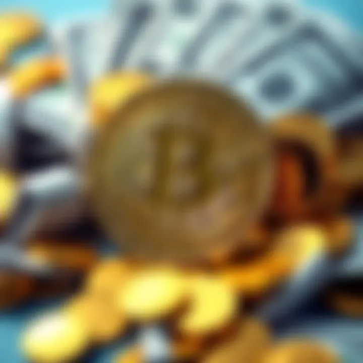 Bitcoin symbol surrounded by cash and gold coins, representing its dual identity as currency and asset
