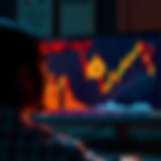 A person looking at a graph on a computer screen showing Bitcoin values fluctuating with a concerned expression