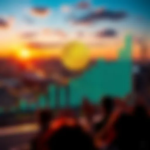 A visual representation of Bitcoin reaching a significant milestone with a graph showing an upward trend and people celebrating the moment.