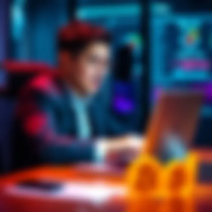 Bitcoin CEO sitting at a desk with a laptop, looking surprised while typing a post