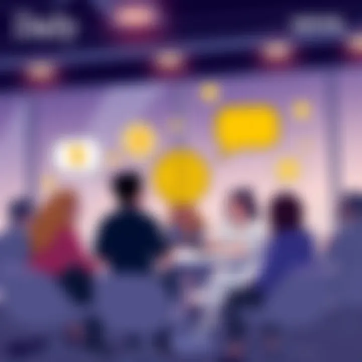 Illustration of people discussing Bitcoin in a chat setting with speech bubbles and Bitcoin symbols