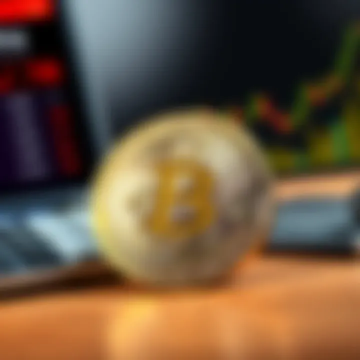 A close-up of a shiny Bitcoin coin on a wooden surface with a calculator and a graph representing market trends in the background.