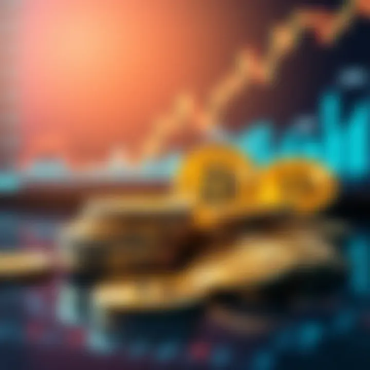 A close-up of shiny Bitcoin coins stacked on a table with a digital chart in the background showing an upward trend.