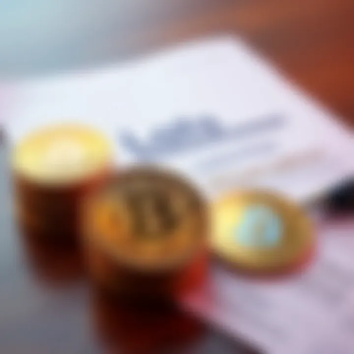 A stack of Bitcoin coins next to loan documents, symbolizing risks of using Bitcoin as collateral for loans