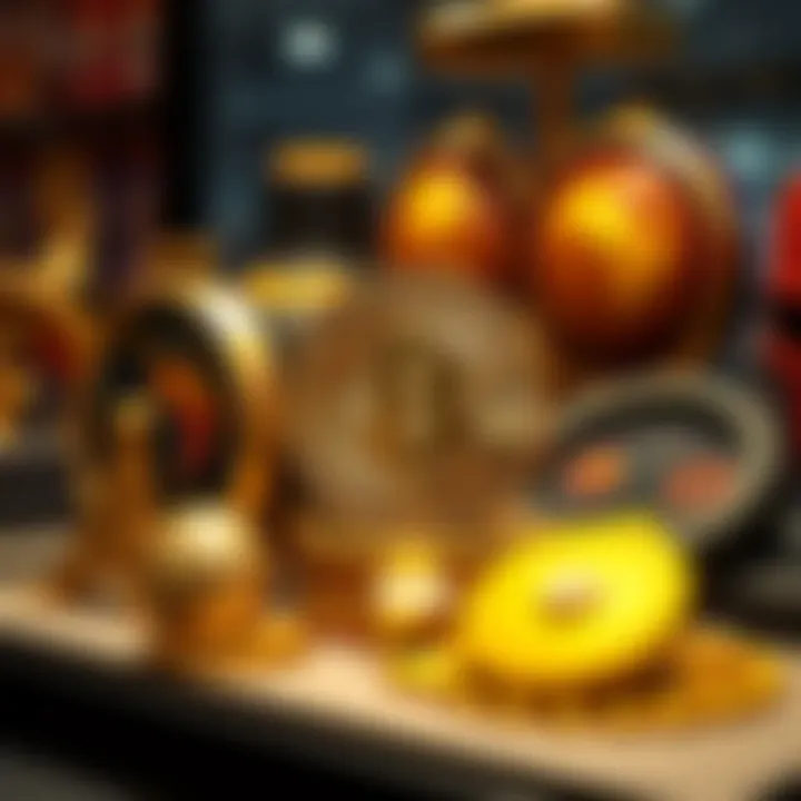 A physical representation of Bitcoin alongside other collectibles, showcasing its unique value and appeal in a display case.