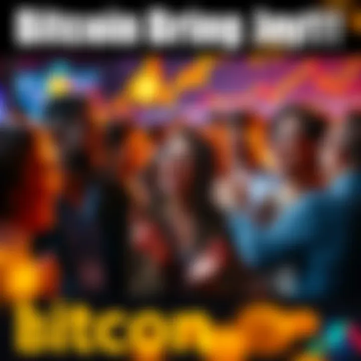 A diverse group of people joyfully discussing Bitcoin trends, with charts showing price movements in the background, showcasing excitement in the cryptocurrency market.