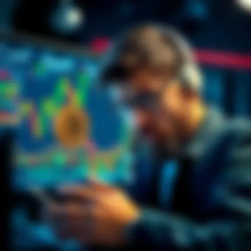 A worried Bitcoin investor looking at fluctuating charts and currency symbols on a screen, reflecting market instability.