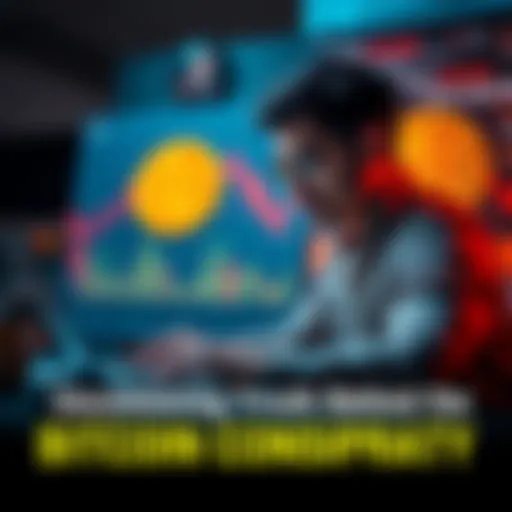 A person analyzing Bitcoin conspiracy theories with a laptop and charts around them