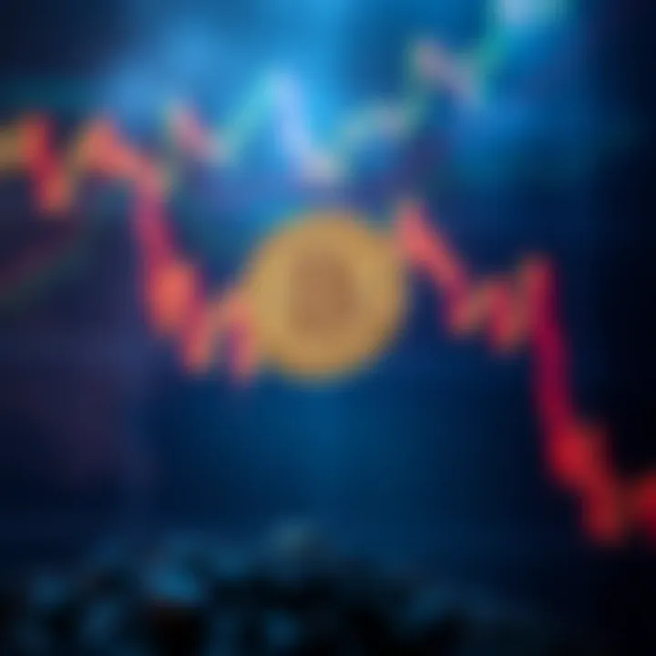 Bitcoin logo falling A Bitcoin logo plummets downwards with a background of financial charts in decline, symbolizing a crash.