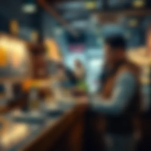 A shopkeeper accepting Bitcoin payments at a counter with a digital wallet on display