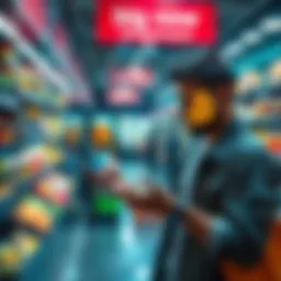 A person using Bitcoin to buy groceries at a store, showcasing a digital wallet on their smartphone