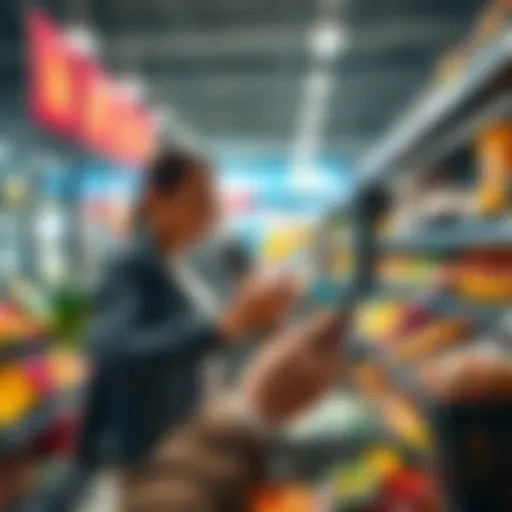 A person paying for groceries with Bitcoin on a mobile device in a shopping setting