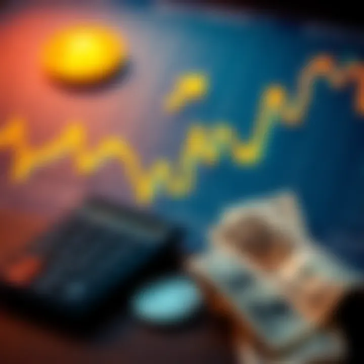 Bitcoin Dollar-Cost Averaging A graph showing Bitcoin price trends with arrows indicating upward and downward movements, alongside a calculator and dollar bills representing investment strategies.