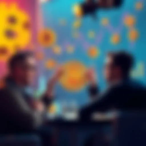 A group of Bitcoin enthusiasts arguing passionately about cryptocurrency, surrounded by dollar signs and charts, illustrating whataboutism in discussions.