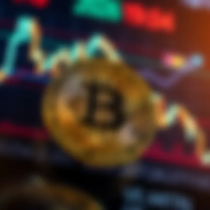 A Bitcoin symbol against a backdrop of a chart showing a downward trend in prices, highlighting market caution.