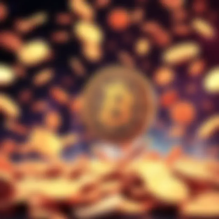 A Bitcoin symbol surrounded by coins falling down, representing its decline in real-world use.