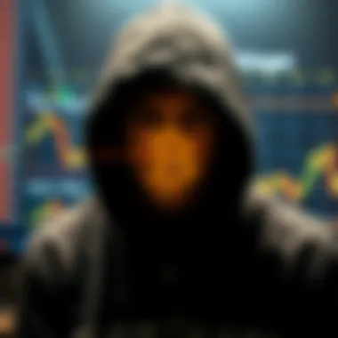 A person with a hooded sweatshirt and face partially obscured looking at a Bitcoin logo on a screen, representing the secrecy around Bitcoin's creator.