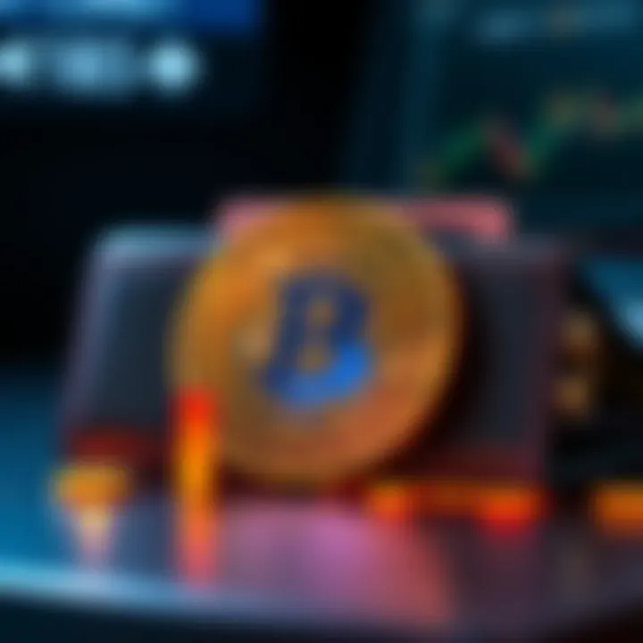 A digital wallet displaying the Bitcoin logo with graphs showing market trends and growth