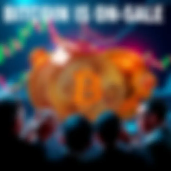 A graphic showing Bitcoin coins with a price tag indicating a discount, surrounded by worried investors looking at market graphs.