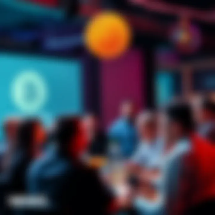 A diverse group of people engaged in a lively discussion about Bitcoin, sharing ideas and insights.