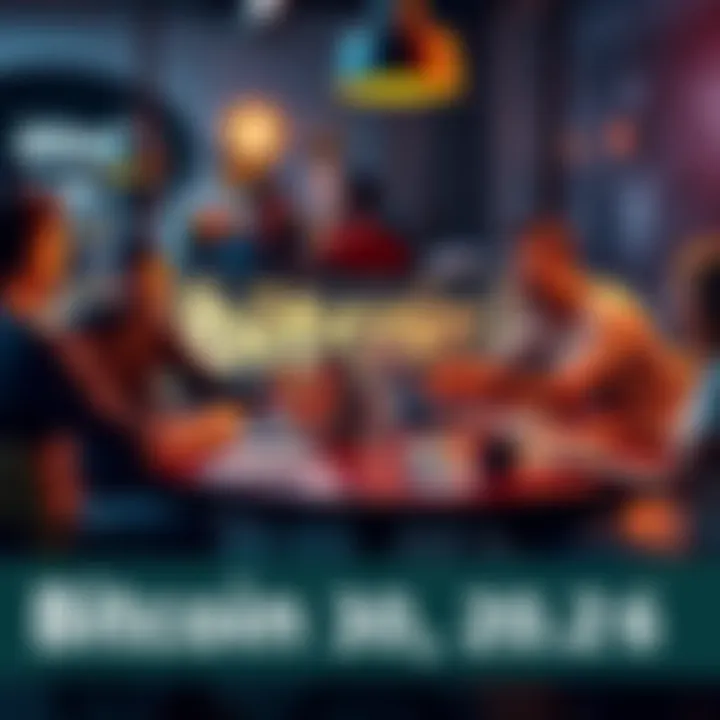 A group of people discussing Bitcoin enthusiastically around a table with laptops and coffee.