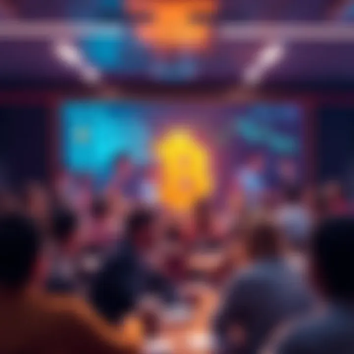 A vibrant online forum with people chatting about Bitcoin, sharing insights and asking questions, featuring a digital representation of the Bitcoin logo.