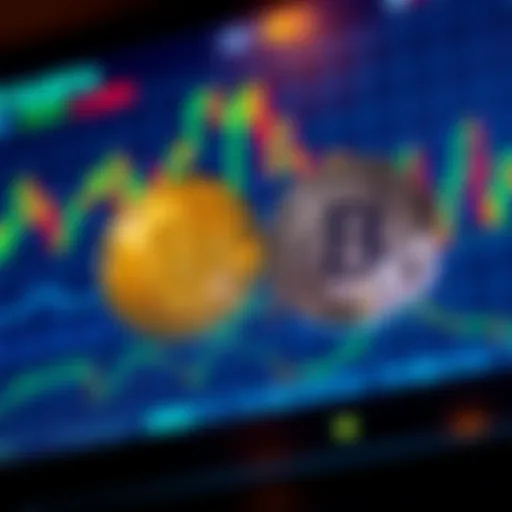 A close-up view of a Bitcoin and a dollar coin displayed on a digital screen showing cryptocurrency market trends