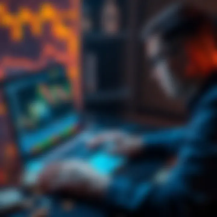 Bitcoin and Dollar Cost Averaging A person analyzing a bitcoin chart on a laptop, with dollar bills and coins nearby