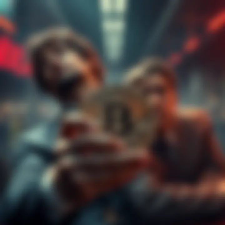 A divided scene showing wealthy Crypto Joe holding Bitcoin while traditional professionals look worried and defeated in the background.