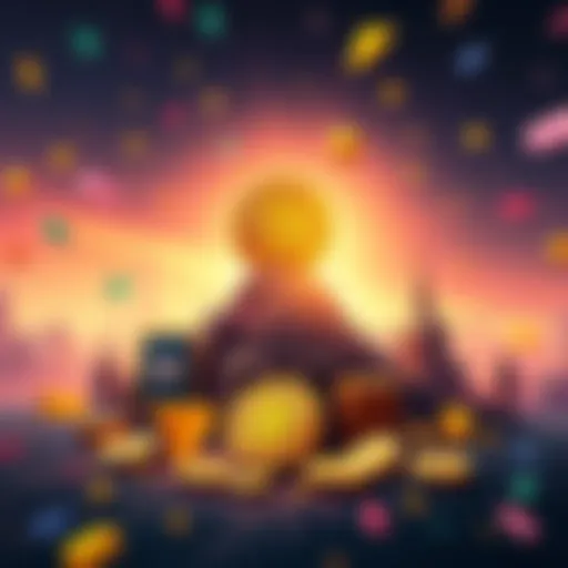 Illustration of Bitcoin symbol towering over smaller cryptocurrency symbols, representing its market dominance.