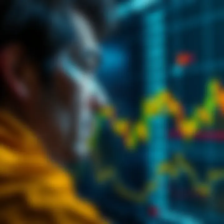 Individual staring at a Bitcoin price chart, showing signs of concern and stress during market fluctuations.