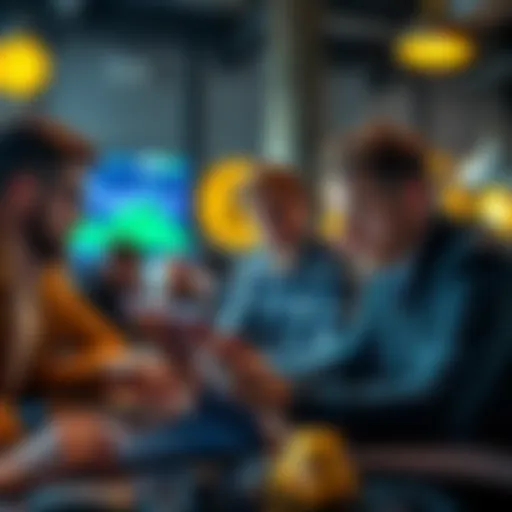 A group of Bitcoin enthusiasts discussing strategies while looking at charts on a laptop.