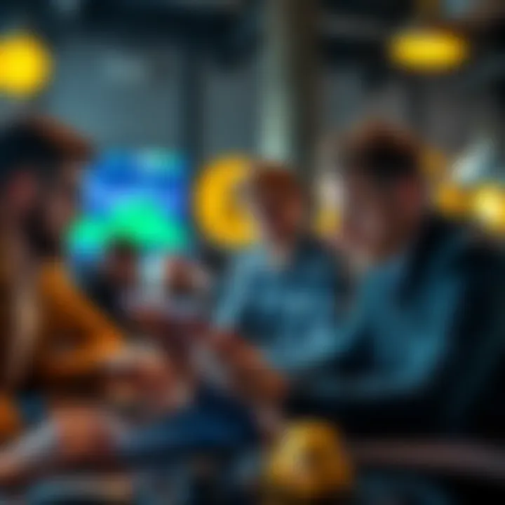 A group of Bitcoin enthusiasts discussing strategies while looking at charts on a laptop.