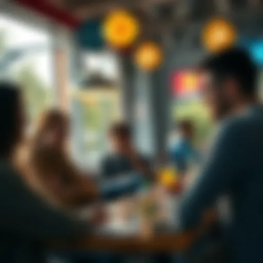 Group of Bitcoin fans chatting at a local cafe, building personal connections in the crypto community