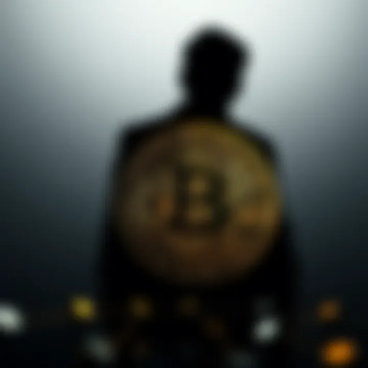 A graphic representation of Bitcoin with a shadowy figure resembling Jeffrey Epstein behind it, symbolizing the connection between Epstein and Bitcoin.