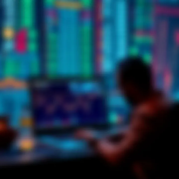 A Bitcoin trader looking at changing market charts on a laptop, reflecting on a decade of cryptocurrency changes, with a backdrop of financial news headlines