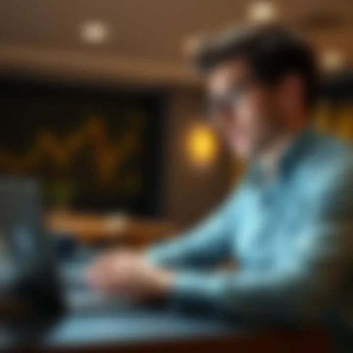 A person looking at a Bitcoin chart on a laptop with a thoughtful expression, symbolizing financial independence through cryptocurrency.