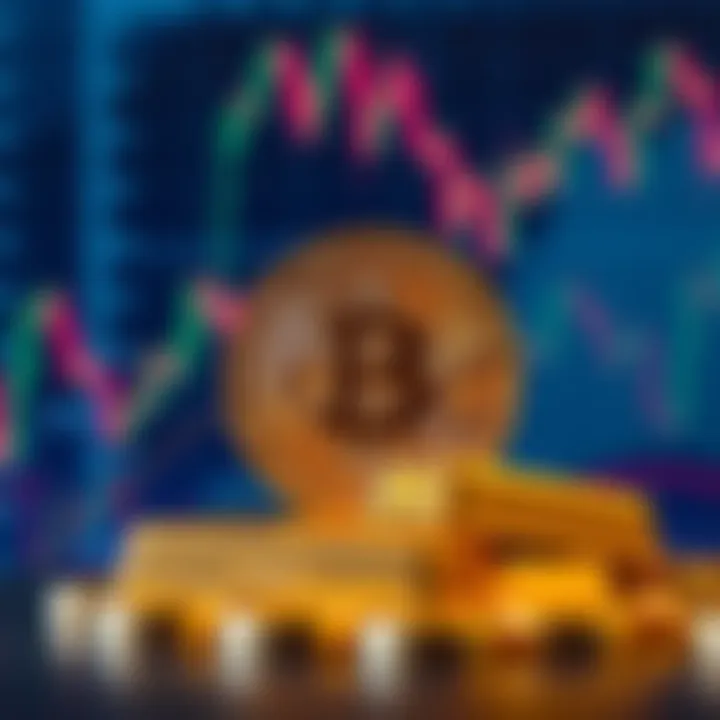A visual of the Bitcoin symbol with gold bars in the background, symbolizing comparison between Bitcoin and gold for investment, set against a backdrop of fluctuating stock market graphs.