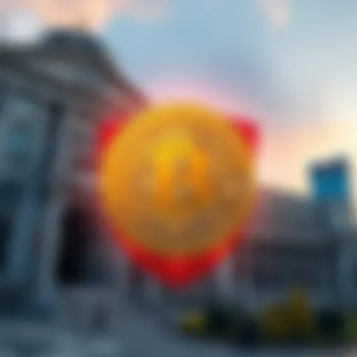 A digital representation of Bitcoin symbol providing protection over savings, with a backdrop of Canadian bank buildings, symbolizing financial security amid government actions.