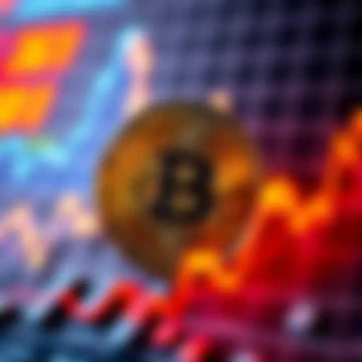 A shiny Bitcoin coin alongside a graph showing fluctuating values, symbolizing market volatility and investment potential.