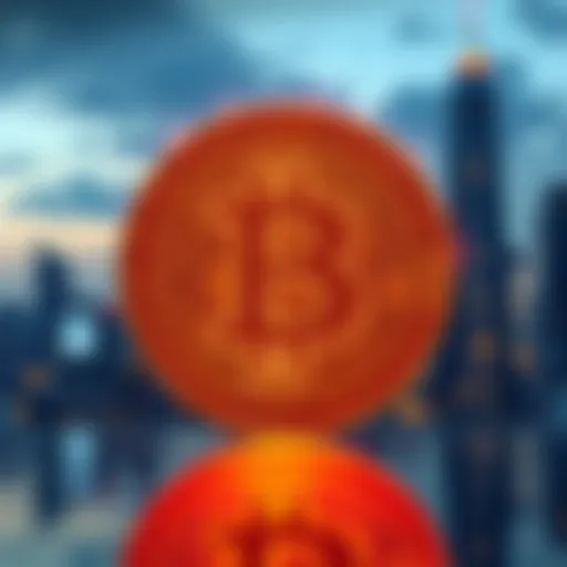 A glowing Bitcoin symbol in front of a futuristic city skyline representing progress and investment.