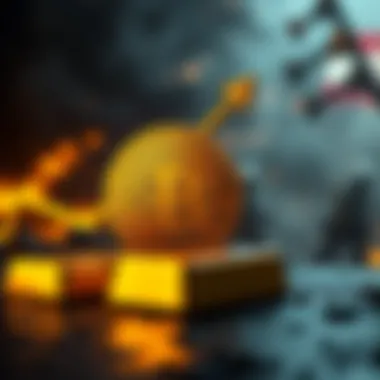 A visual representation showing Bitcoin rising while gold prices fall. Bitcoin logo depicted with an upward arrow, and a gold bar with a downward arrow. Background shows a conflict theme reflecting US...