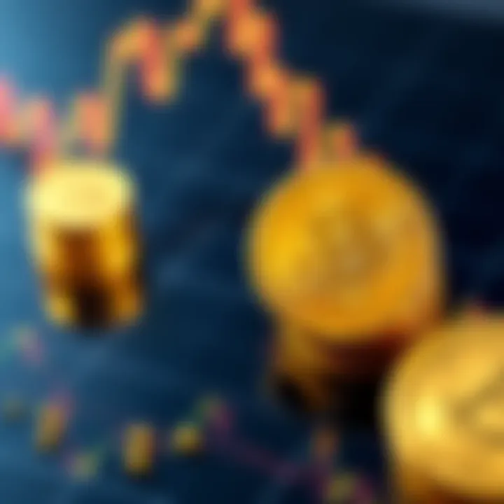 A chart showing the declining price of Bitcoin alongside the rising price of gold, with arrows indicating the market trends.