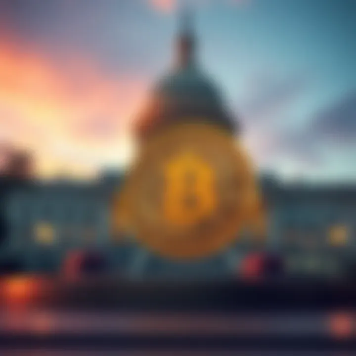 A Bitcoin symbol in front of a government building, representing the tension between cryptocurrency decentralization and government regulation.