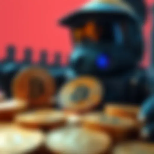 A visual representation of Bitcoin coins being monitored by a government figure, symbolizing potential confiscation.