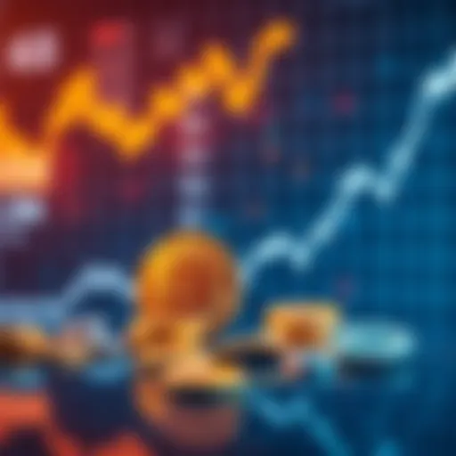 A graph showing the rising value of Bitcoin with a chart and currency symbols