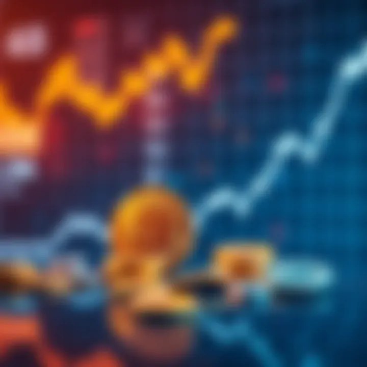 A graph showing the rising value of Bitcoin with a chart and currency symbols