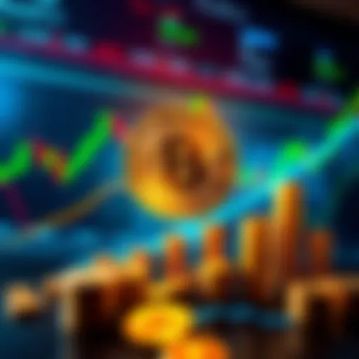 A graphic showing the rise in Bitcoin value with a backdrop of market charts and dollar signs, emphasizing the potential for future investment gains.