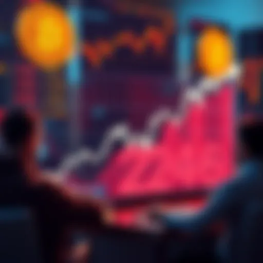 Graph showing the rising trend of Bitcoin prices and investment interest in 2026, with people analyzing data on laptops and charts in the background.